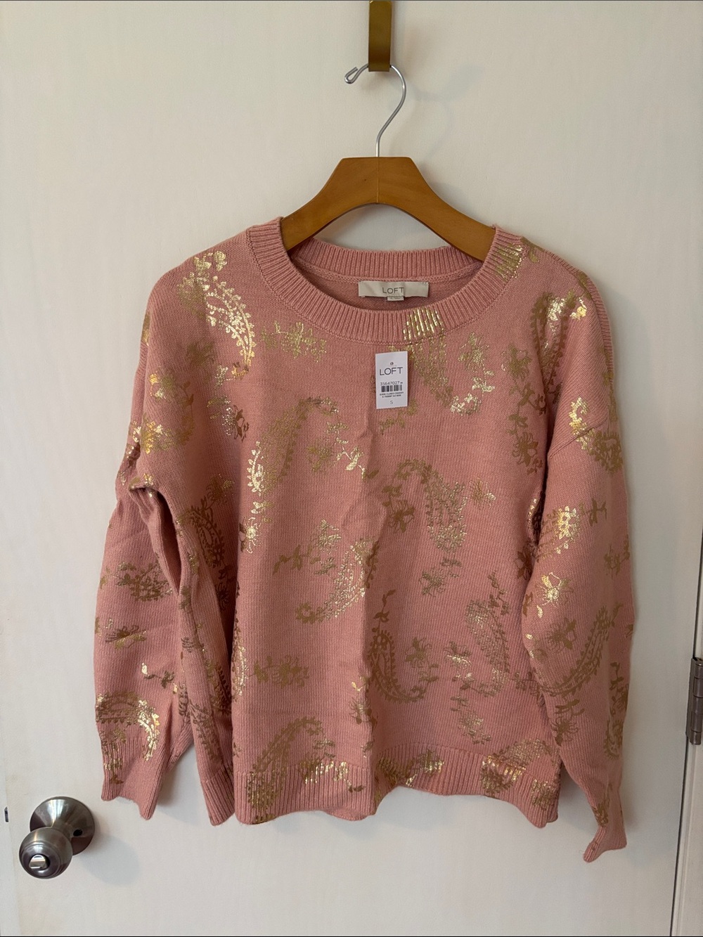 LOFT Dusty Pink Crewneck Sweater with Gold Paisley Foil